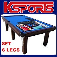PUB SIZE POOL TABLE 8FT SNOOKER BILLIARD TABLE BLUE WITH 6 LEGS & LEATHER POCKETS