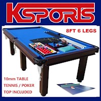 POOL TABLE 8FT SNOOKER BILLIARD TABLE 6 LEG LEATHER POCKETS WITH TABLE TENNIS / POKER TOP