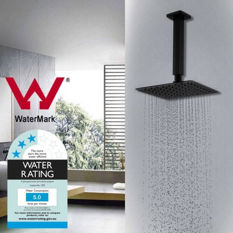 Black 8" Rainfall Shower Head & 200mm Square Ceiling Arm Watermark Buy Shower Heads & Arms