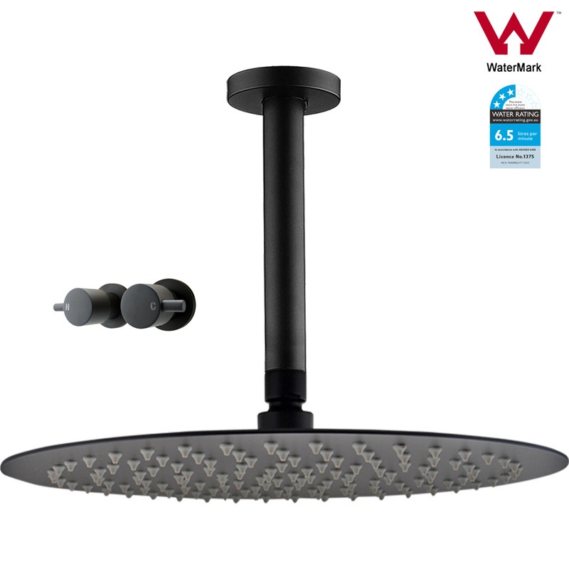 Round Rain 300mm Shower Head Ceiling Arm 1/4 Turn Taps Set Matte Black