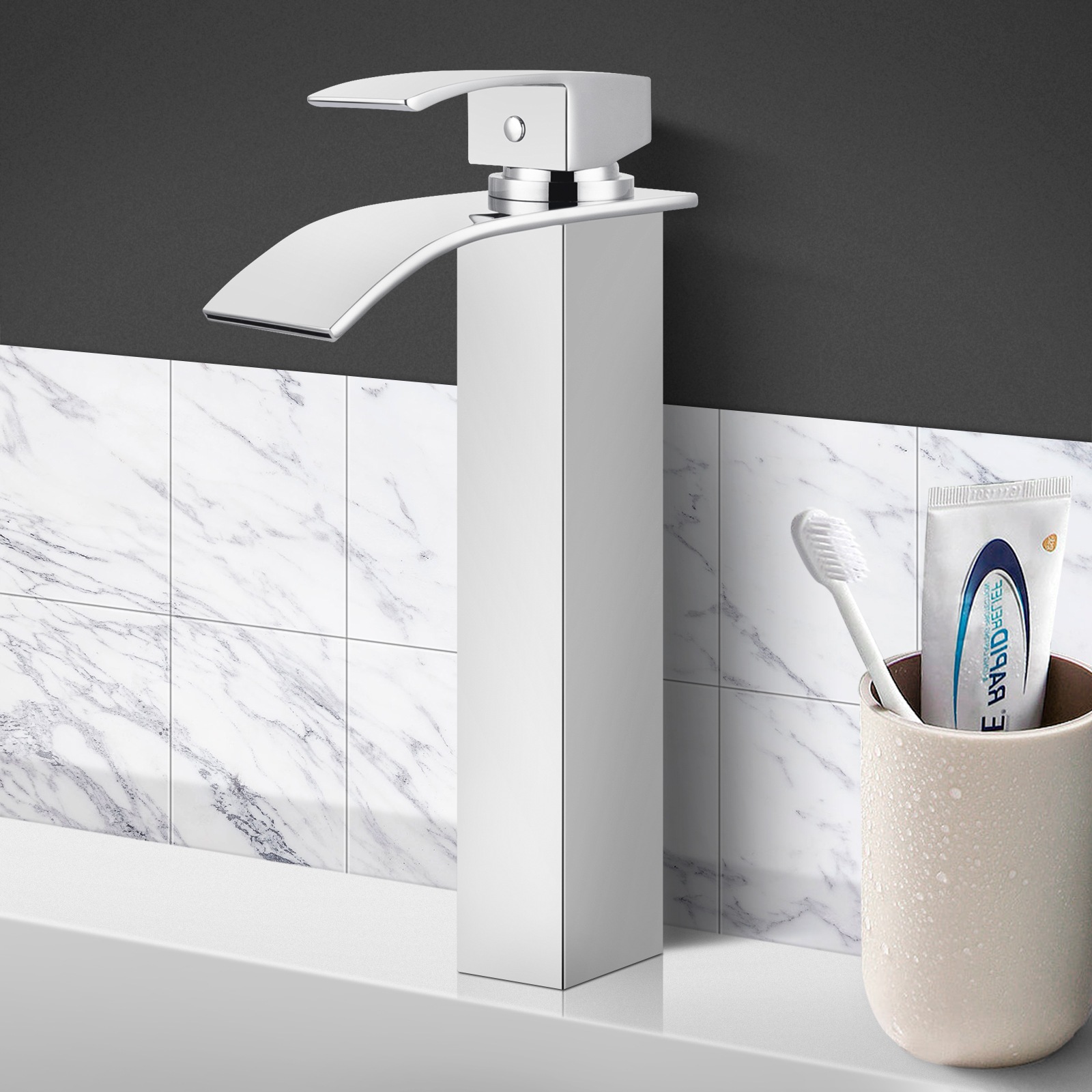 Tall Square Waterfall Bath Basin Mixer Tap Above Counter Top Faucet