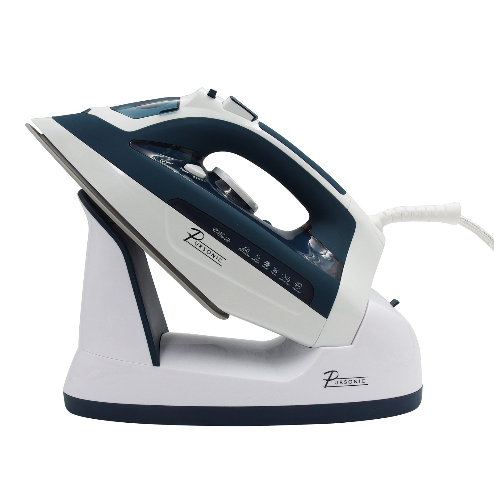 Pursonic Electric Cordless Steam Iron Portable Corded Cordless 2200W Blue White White, Blue 30.5