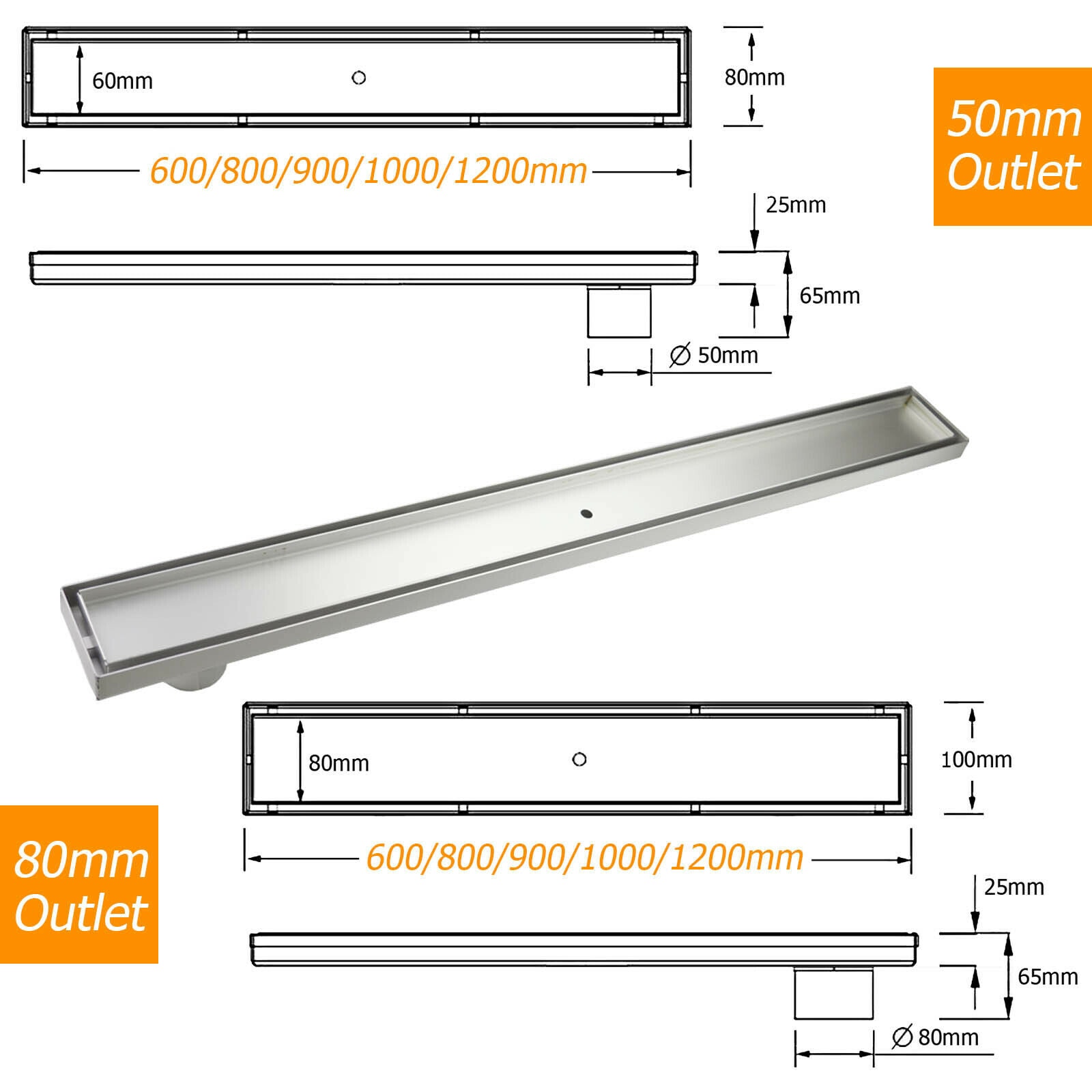 Bathroom Shower Grate 900mm Tile Insert Linear Floor Drain Side End ...