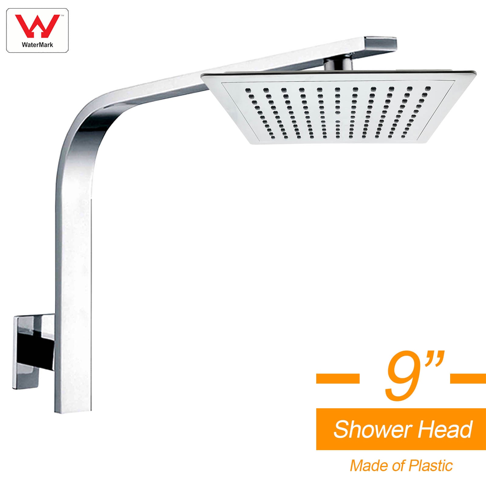WELS 9" Square Rain Shower Head & Brass Gooseneck Wall Arm Chrome Set