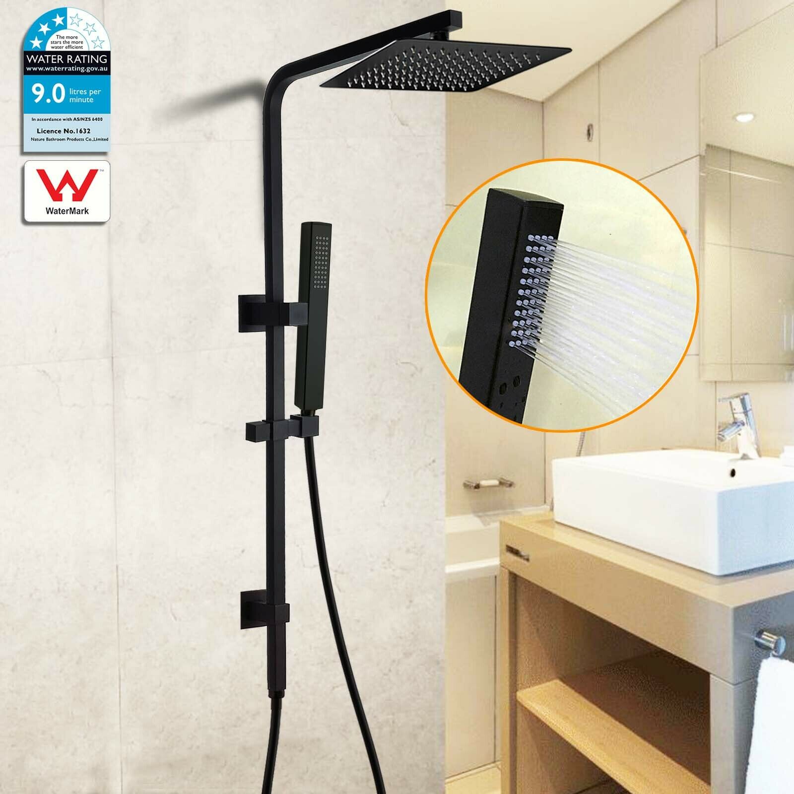 WELS Black 2in1 8/10/12" Large Rain Shower Head Hand Held Sliding Wall