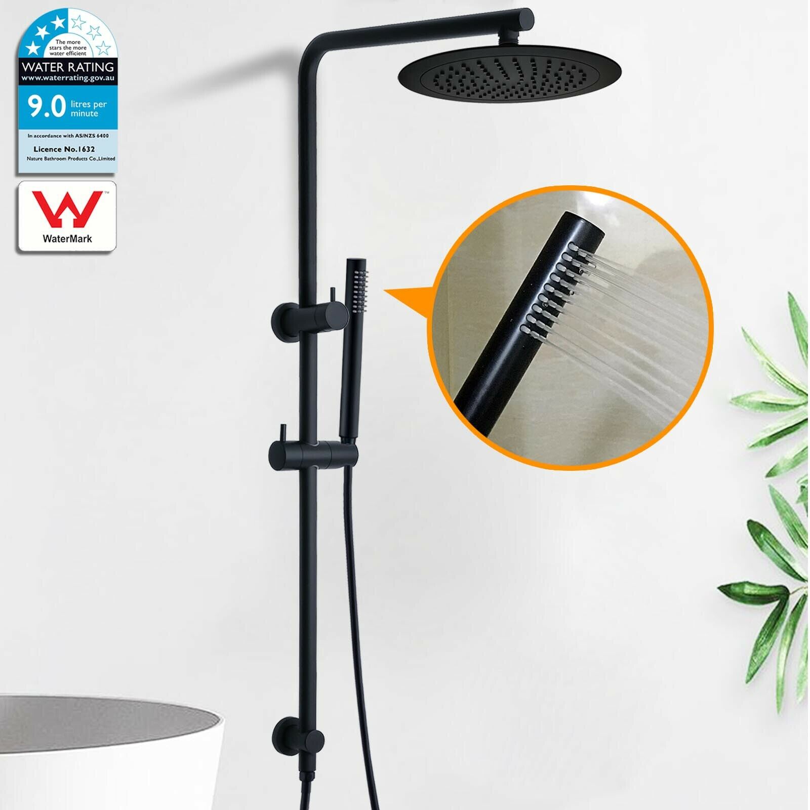 WELS Black 2in1 Combo 9" Rain Shower Head & Handheld Silde Rail Set