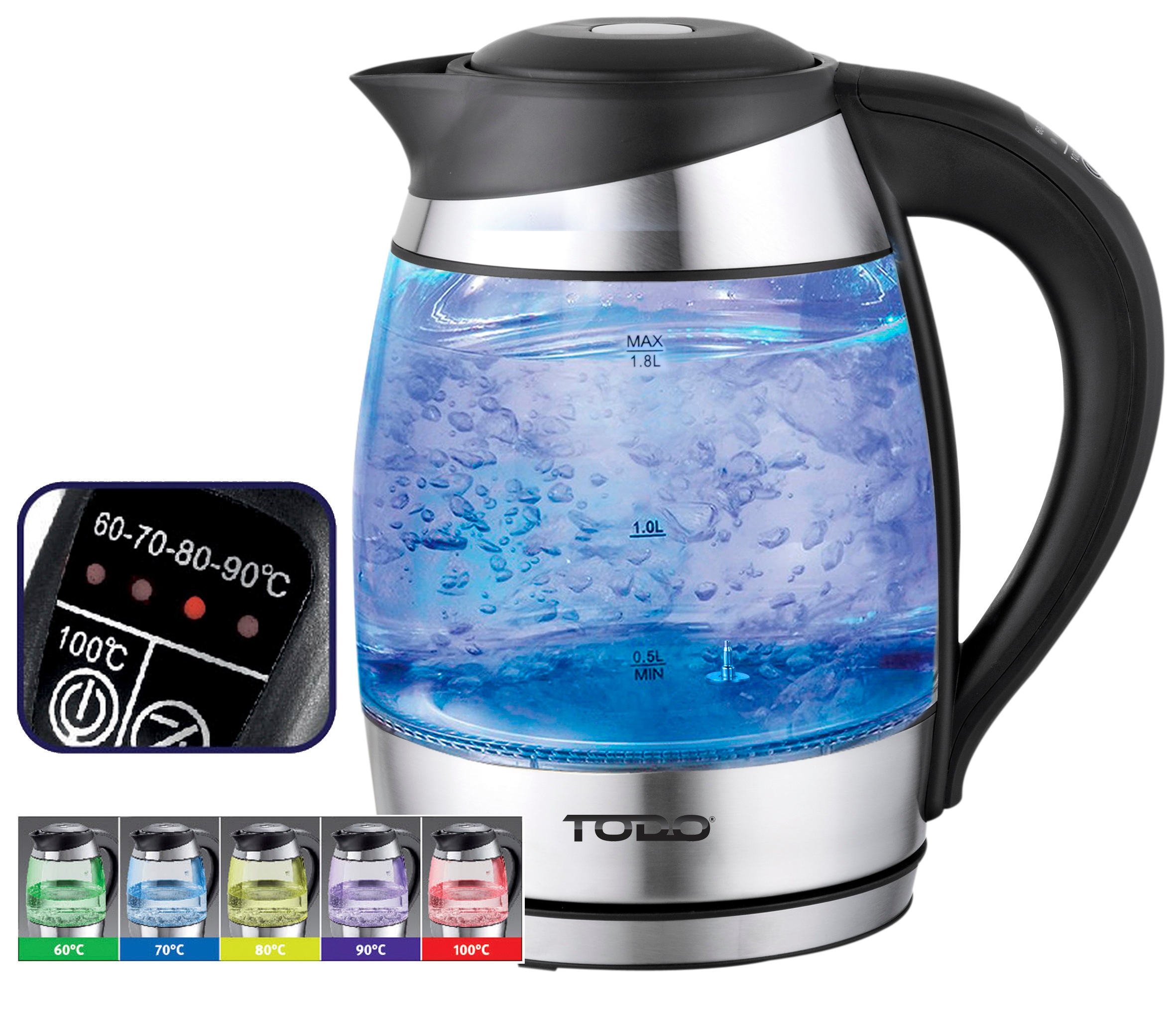 TODO 1.8L Temperature Control Glass Cordless Kettle 2200W Led Water Jug