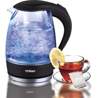TODO 1.7L Glass Cordless Kettle 2200W Blue Led Light Kitchen Water Jug Black