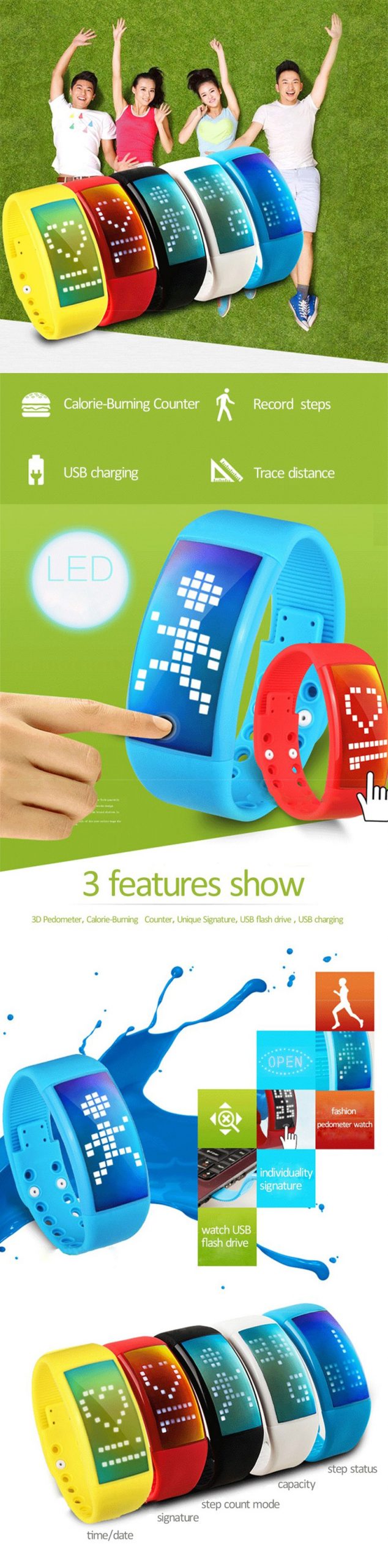 Pedometer Smart Bracelet Watch 3D Fitness Band Health Tracker White