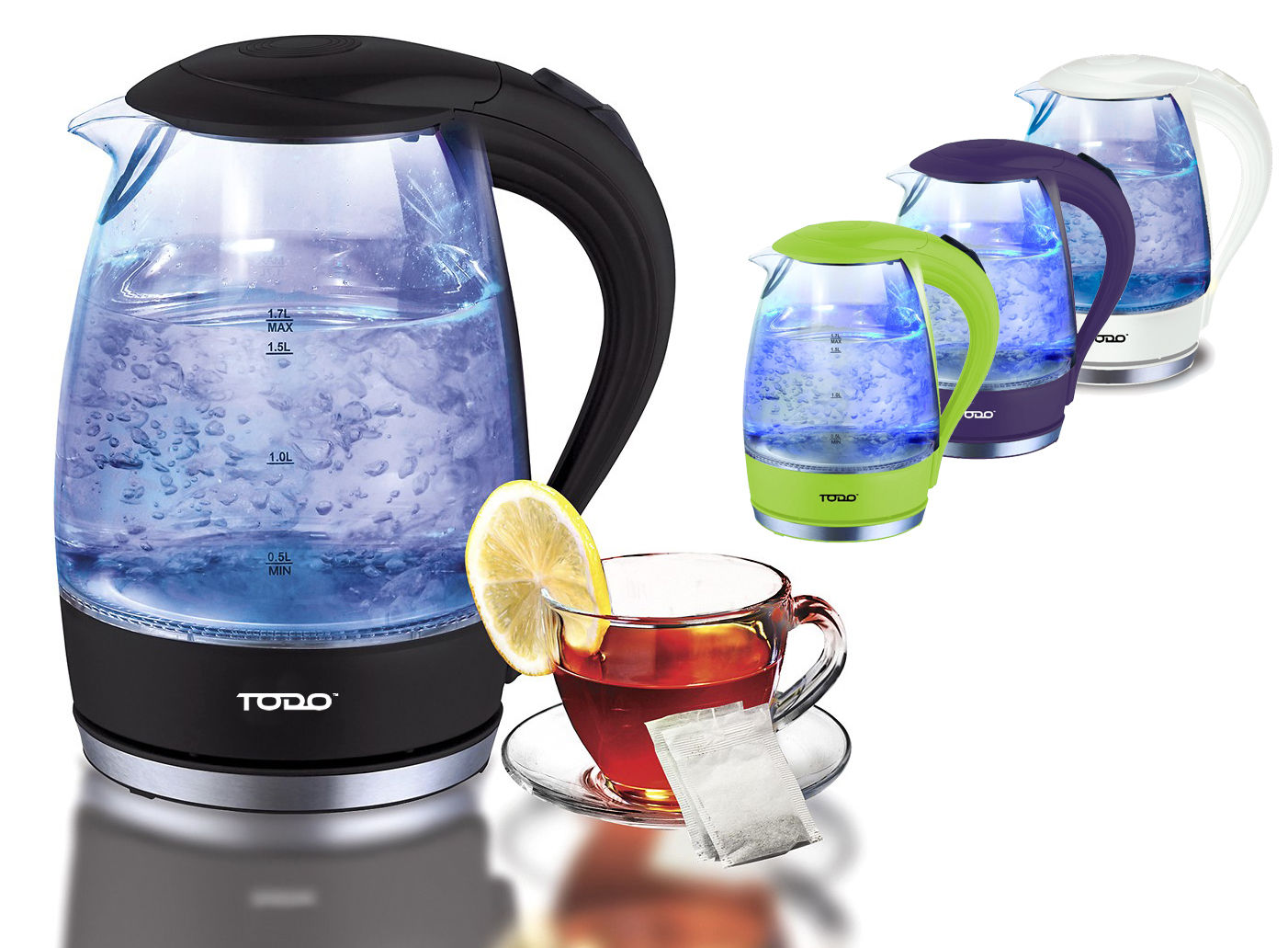 TODO 1.7L Clear Glass Cordless Kettle Electric Blue Led Light Automatic ...