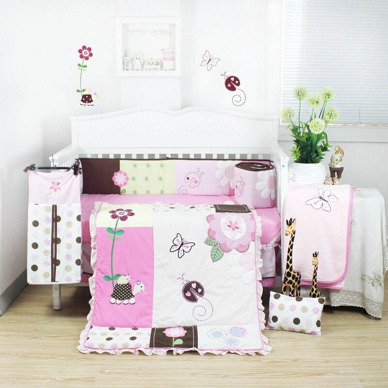 Joy Baby 8 Pieces Beautiful Pink Flower Baby Girls Cot Bedding