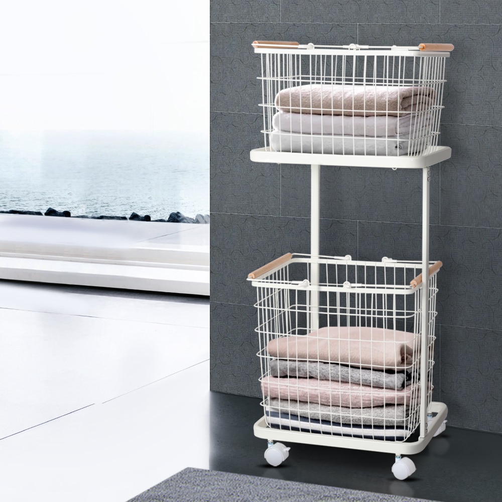 2 Tier Wire Storage Shelf Laundry Basket Hamper Metal Clothes Rack Shelves Trolley Organiser laundry baskets for shelves