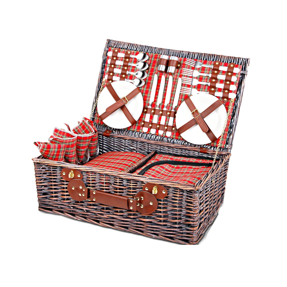 4 Person Picnic Basket Wicker Picnic Set Outdoor Insulated Blanket