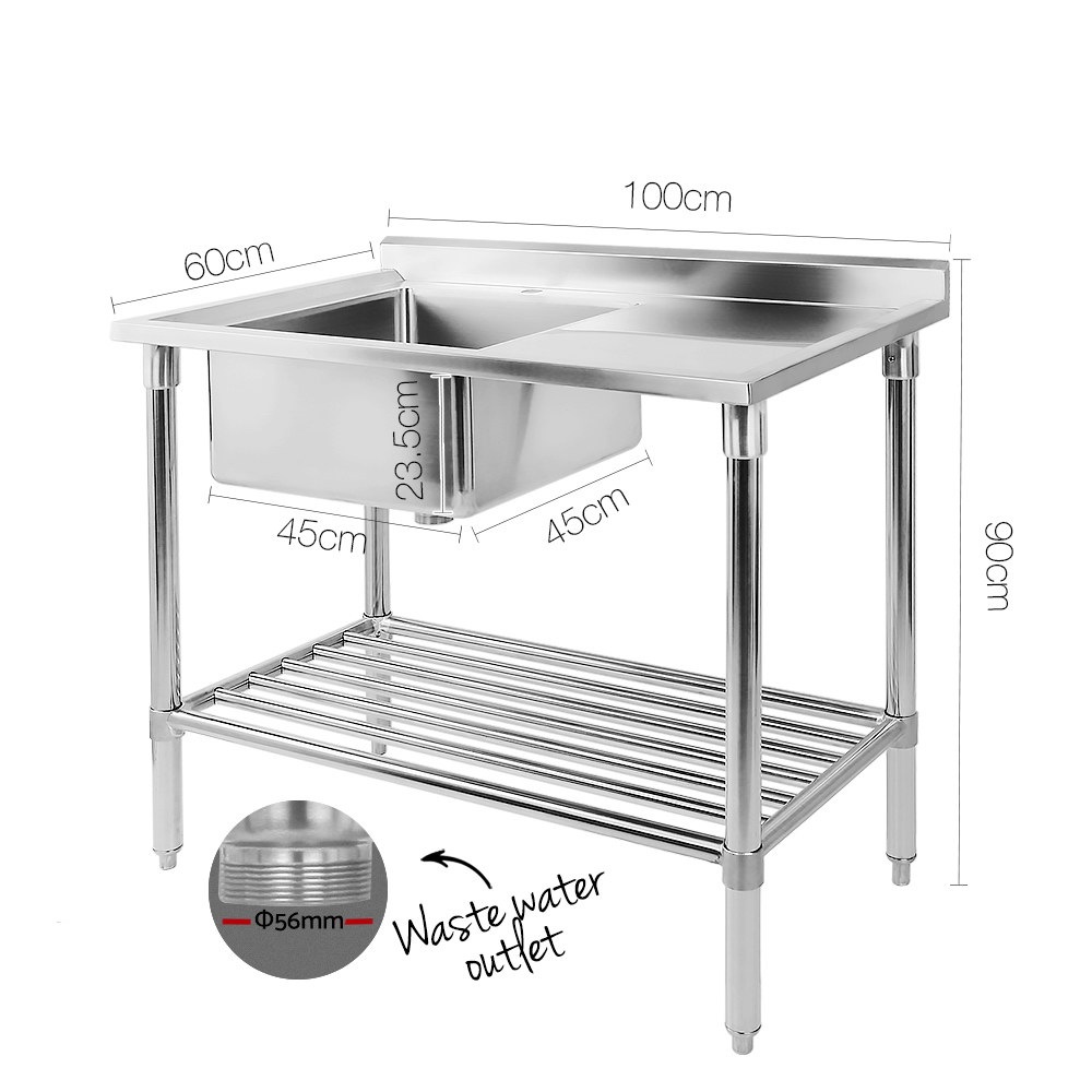 Stainless Steel Sink Bench Kitchen Work Benches Single Bowl 100x60 ...