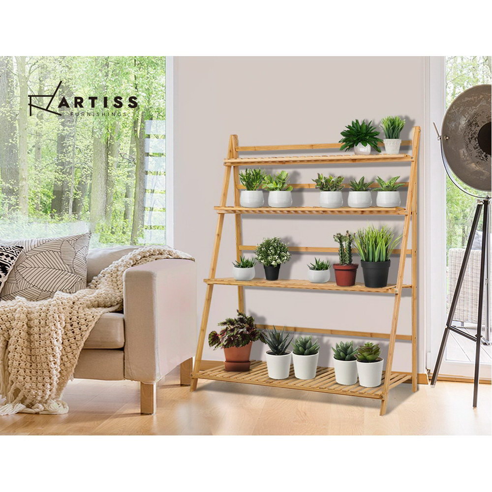Artiss Bamboo Wooden Shelf Plant Stand Folding Ladder ...