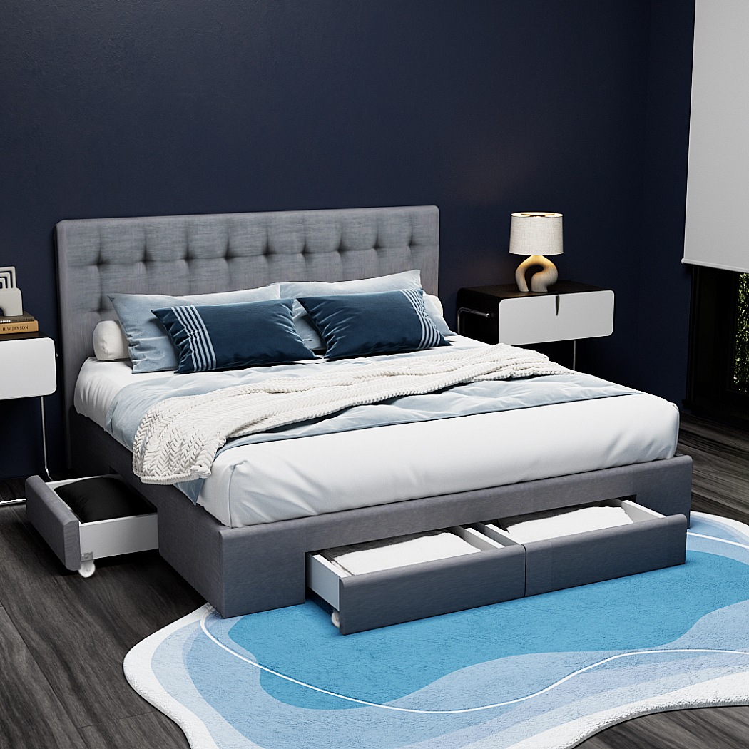 King Size Bed Frame Base Mattress With Storage Drawer Fabric