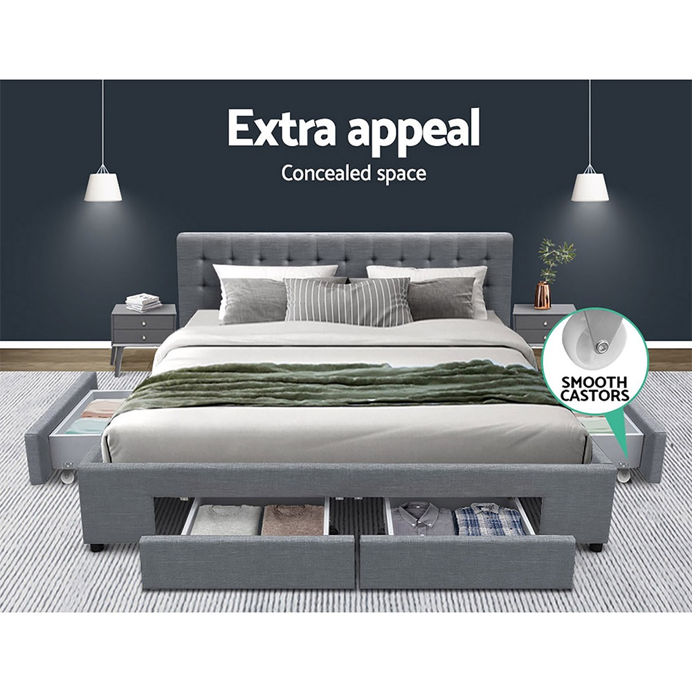 King Size Bed Frame Base Mattress With Storage Drawer Fabric