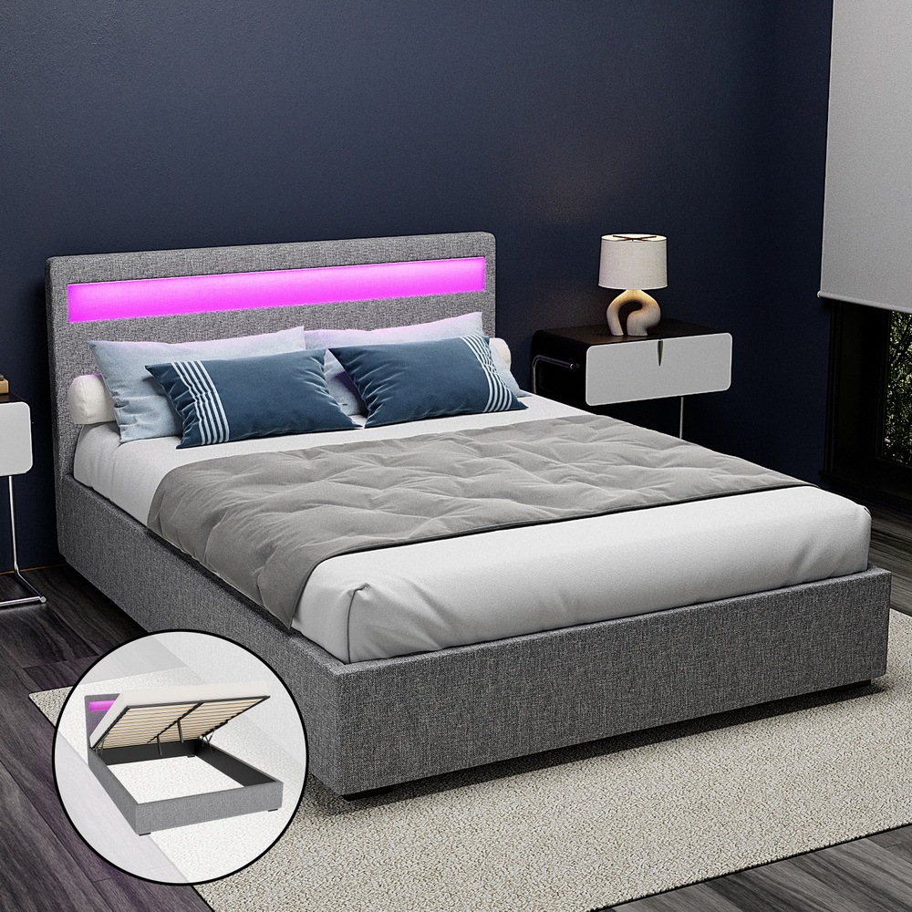 Artiss LED Bed Frame Queen Size Gas Lift Base With Storage Grey Fabric