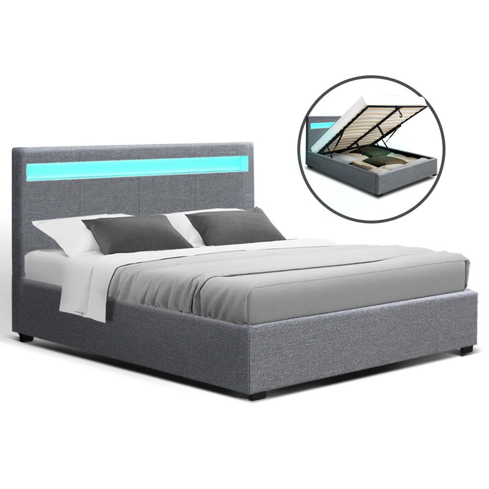 Artiss LED Bed Frame Queen Size Gas Lift Base With Storage Grey Fabric