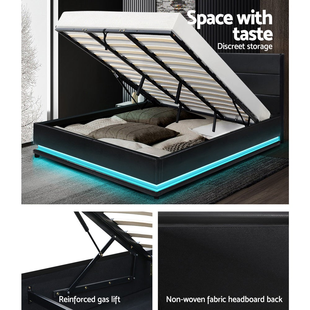 Artiss RGB LED Bed Frame King Size Gas Lift Base Storage Black Leather