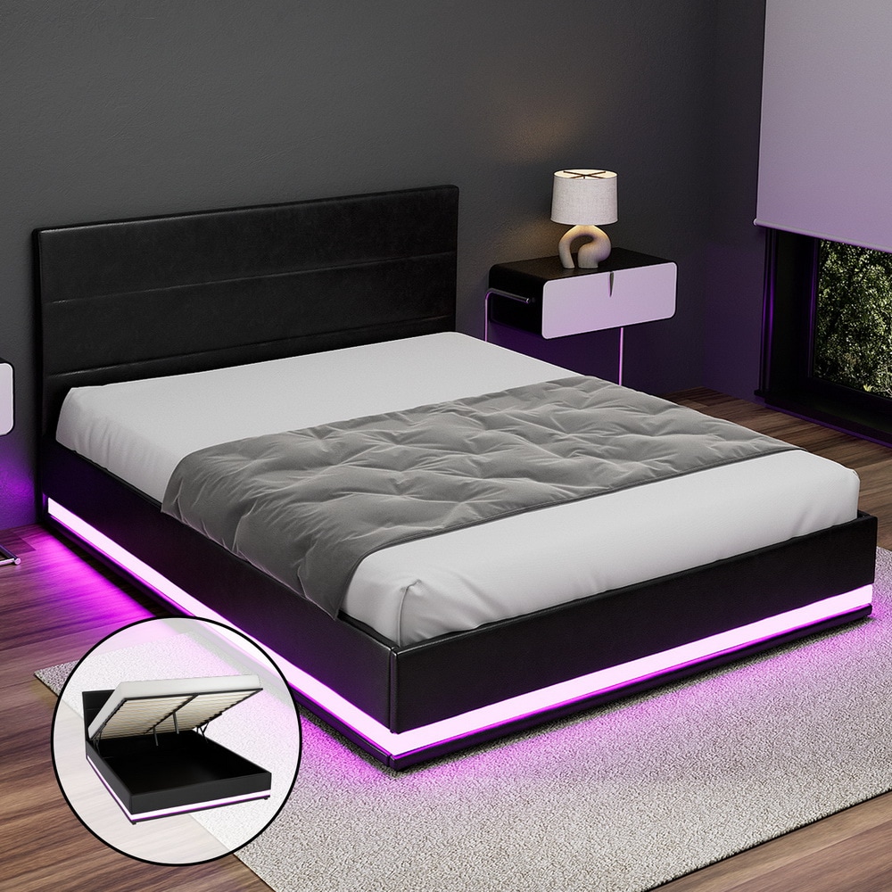 Artiss RGB LED Bed Frame Queen Size Gas Lift Base Storage Black Leather