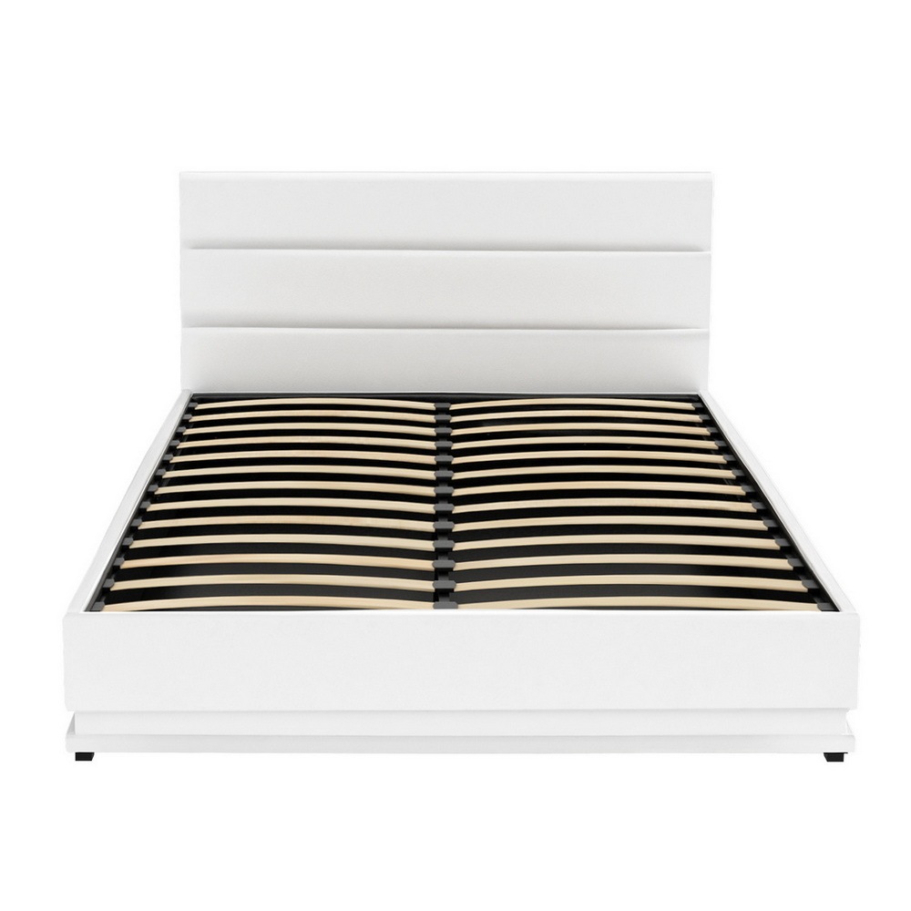 Artiss RGB LED Bed Frame Queen Size Gas Lift Base Storage White Leather