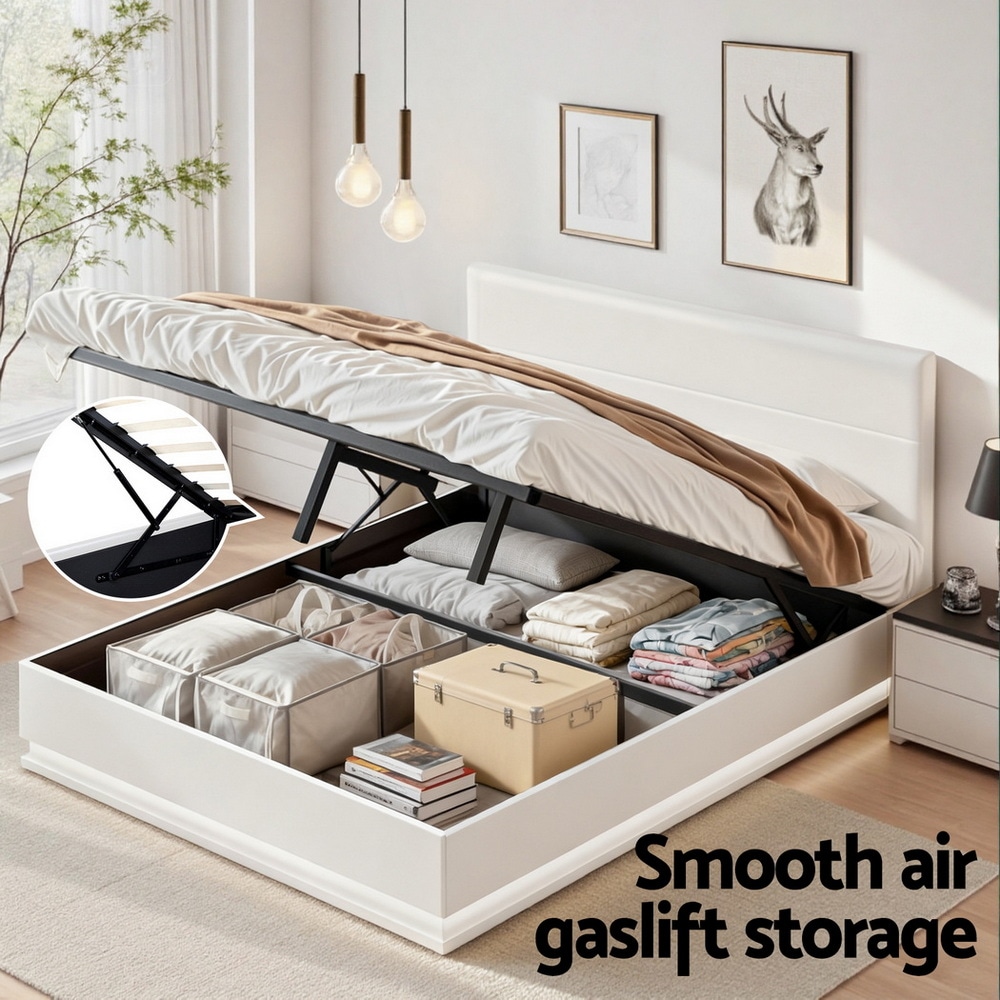 Artiss RGB LED Bed Frame Queen Size Gas Lift Base Storage White Leather