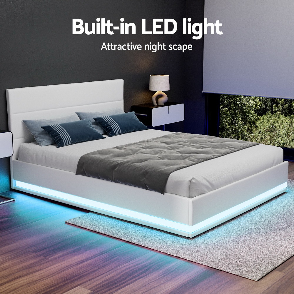 Artiss RGB LED Bed Frame Queen Size Gas Lift Base Storage White Leather