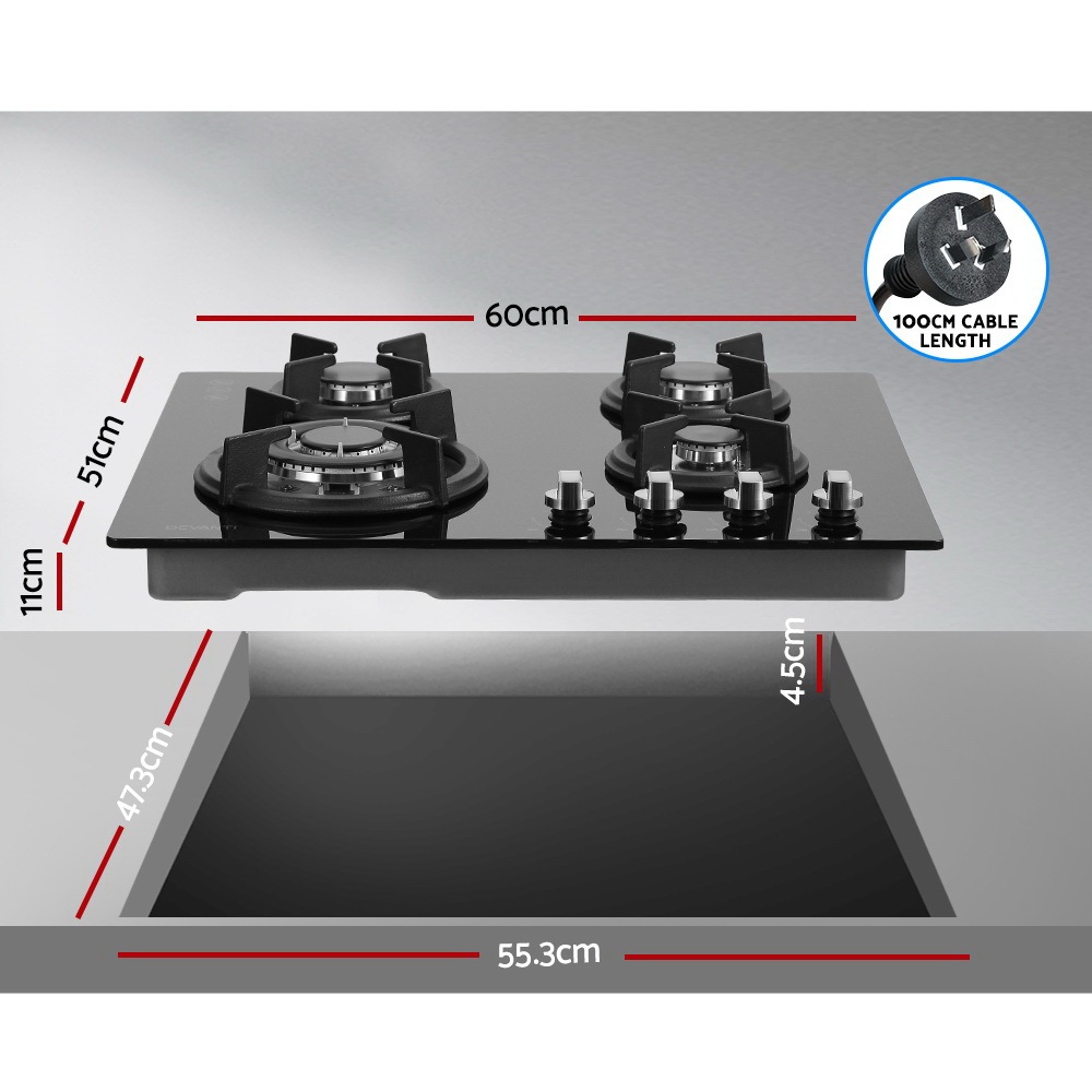 Devanti Gas Cooktop 60cm 4 Burner Ceramic Glass Cook Top Stove Hob