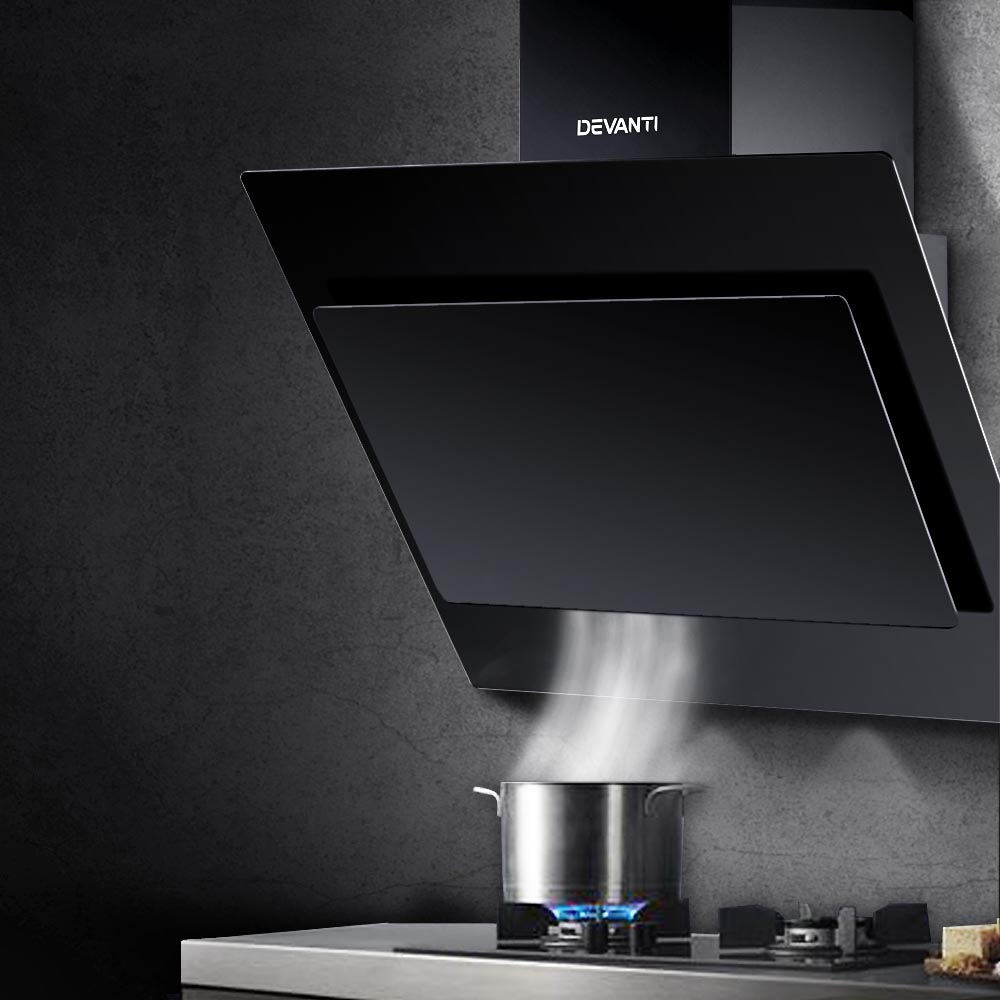 Devanti Range Hood Rangehood 900mm Black Angled Side Draft Wall Mount