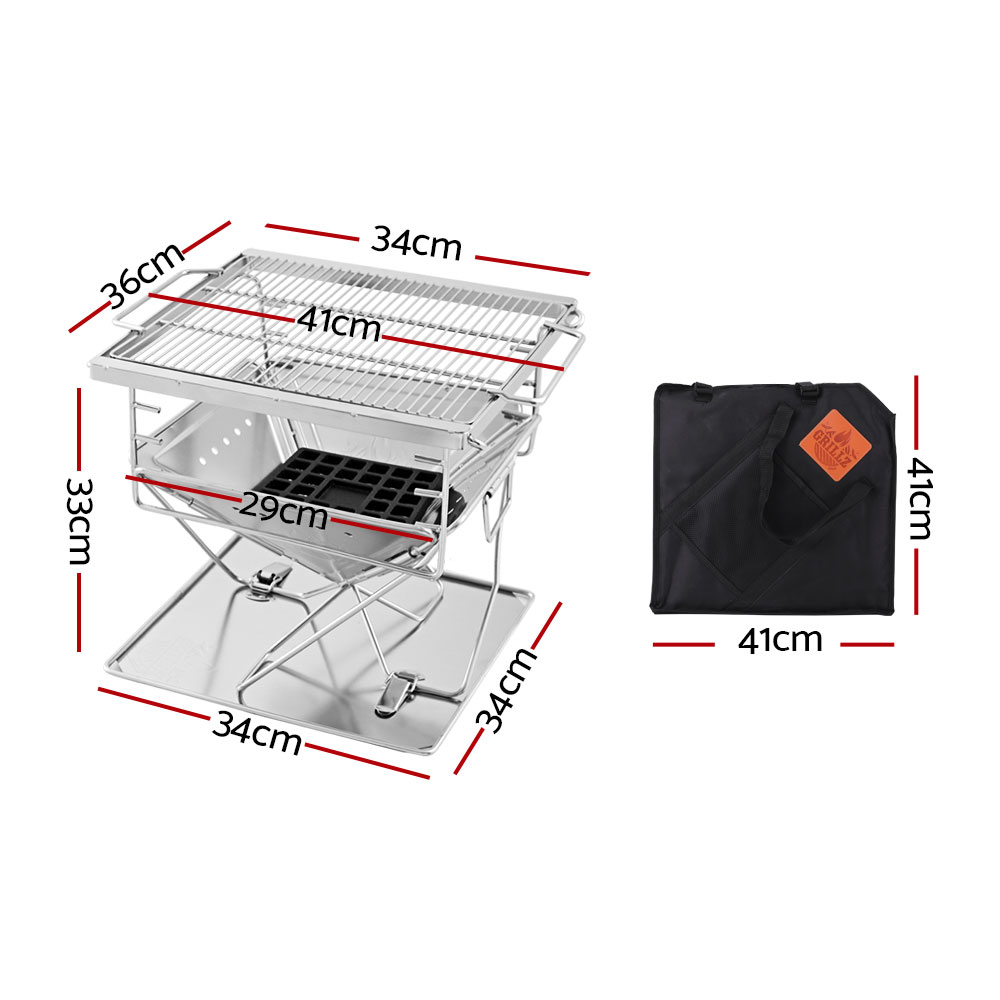 Grillz Camping Fire Pit BBQ Portable Folding Stainless Steel Stove