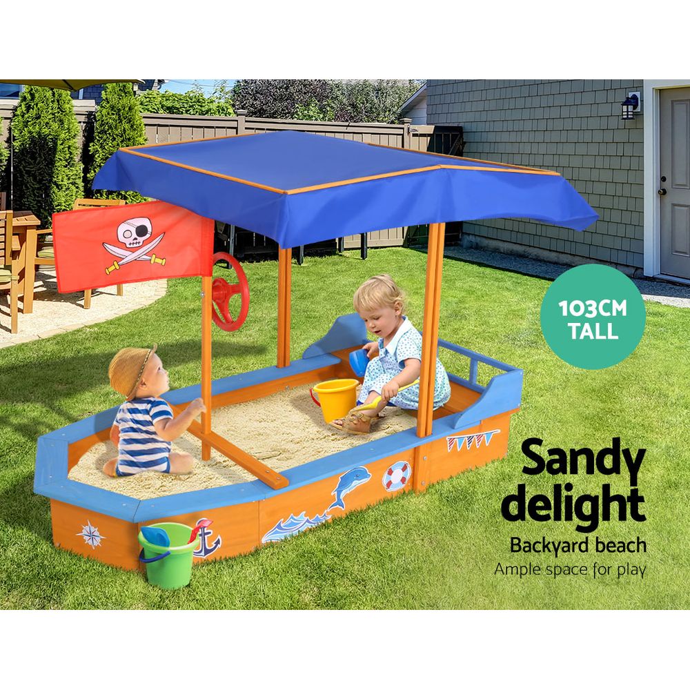 Keezi Kids Boat Sandpit Wooden Outdoor Play Sand Pit Toys Box Canopy
