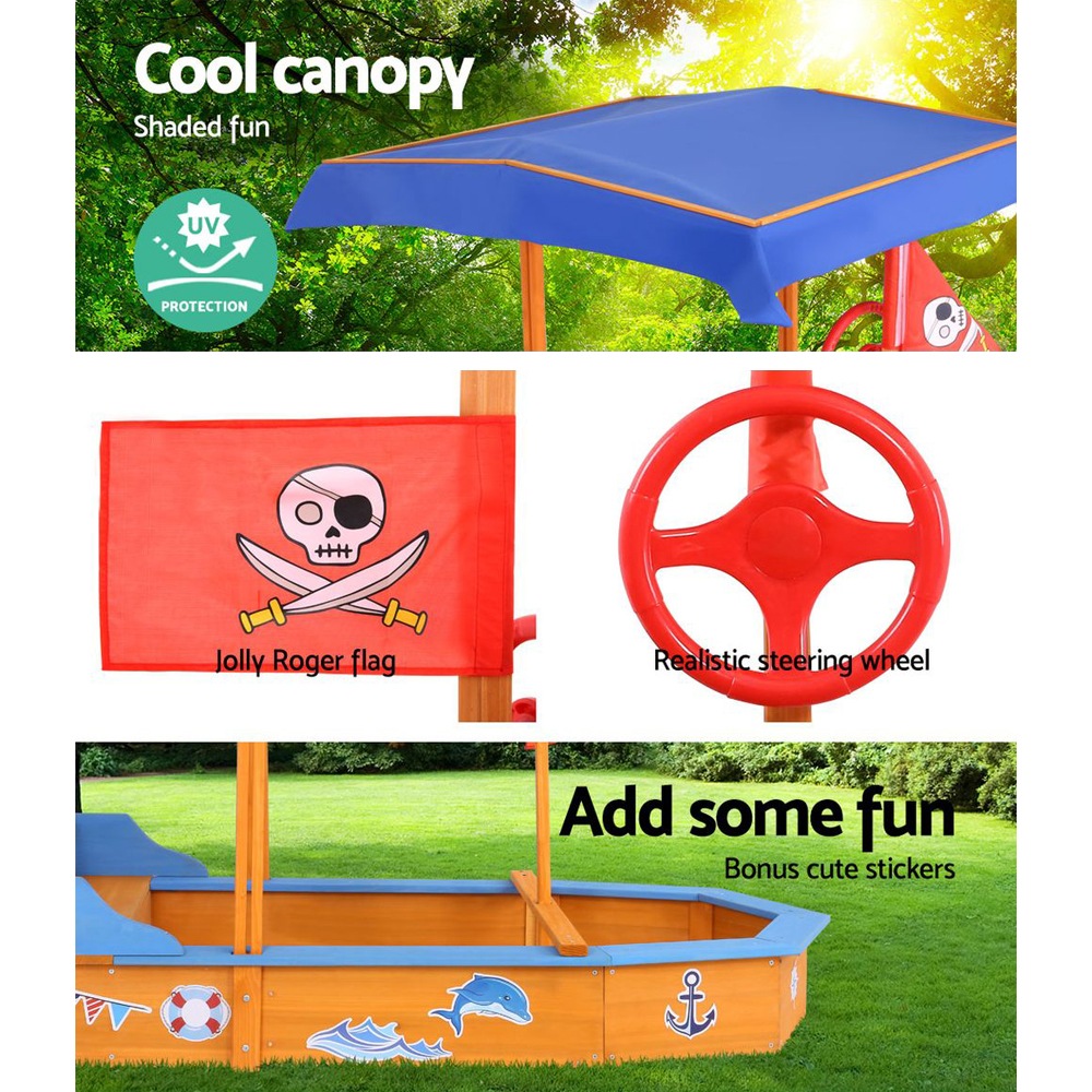 Keezi Kids Boat Sandpit Wooden Outdoor Play Sand Pit Toys Box Canopy