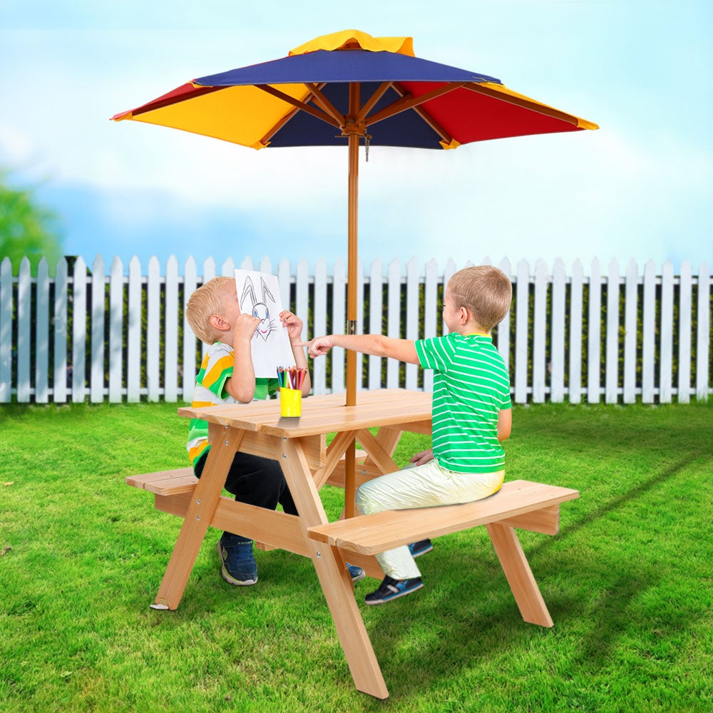 Keezi Kids Wooden Picnic Table Set with Umbrella | Buy Kids Picnic