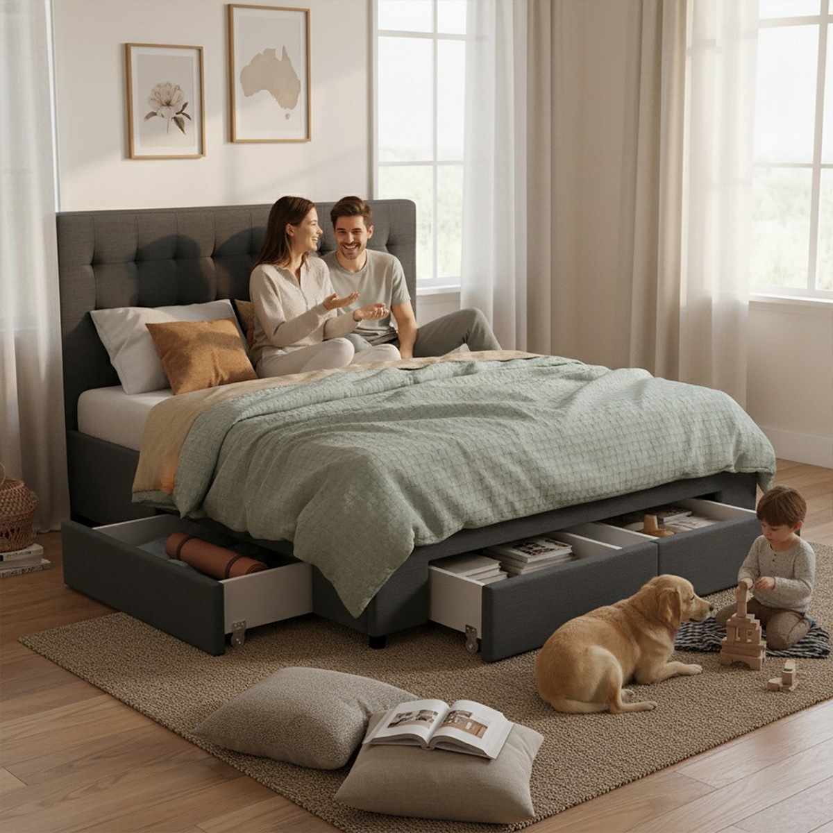 King Size Bed Frame Base Mattress With Storage Drawer Fabric