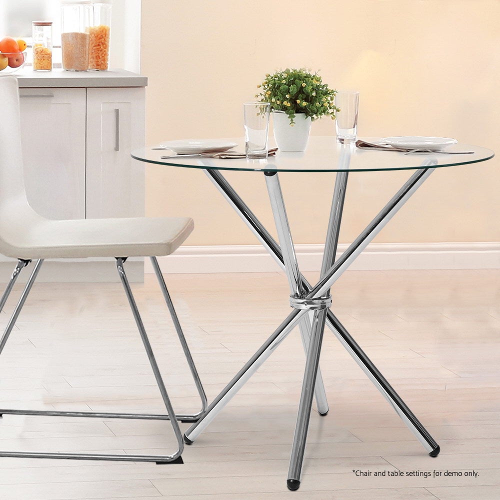 Small Clear Tempered Glass Dining//Kitchen Table Cafe Style Cross Chrome Leg Home
