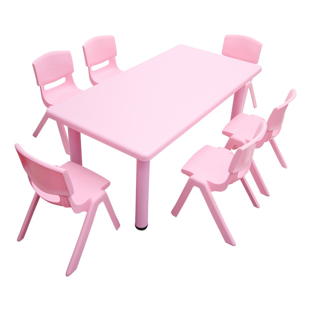 120x60cm Kid's Adjustable Rectangle Pink Table & 6 Pink Chairs Set ...