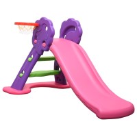 Foldable Kids Slide w/ Basketball Hoop Pink Purple