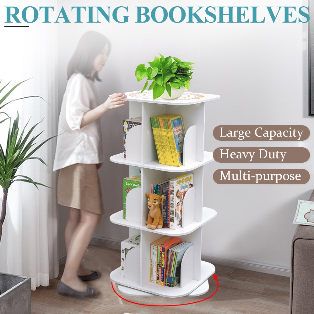 3 Tiers Versatile Square Wooden Rotating Swivel Bookshelf Bookcase