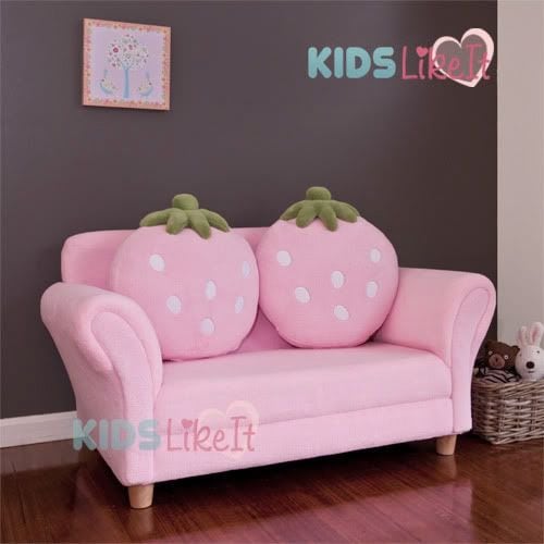 Girls Pink 2 Seat Wooden Strawberry Sofa Couch Kids Arm Chair W