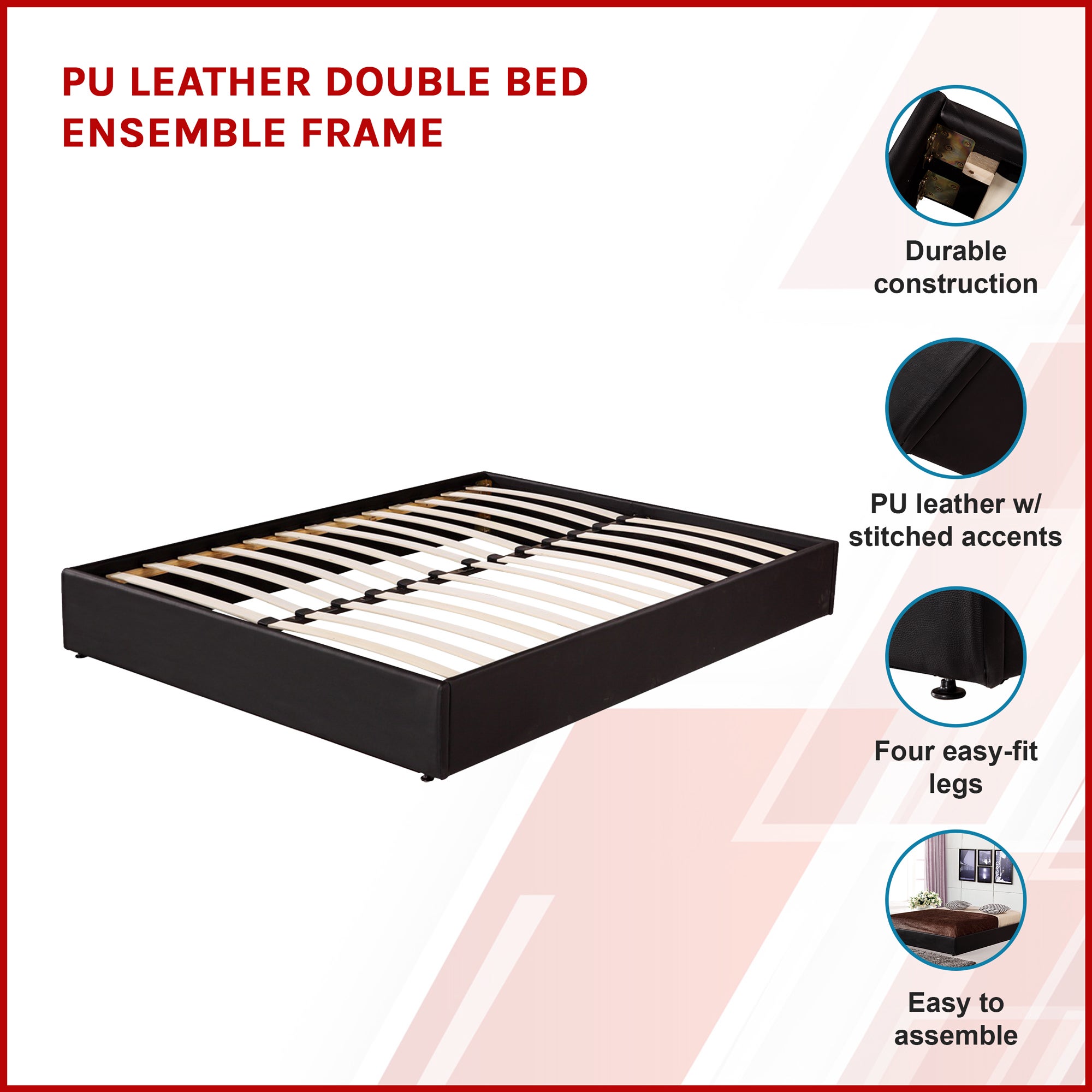 PU Leather Double Bed Ensemble Frame | Buy Double Size Bed Base - 135316