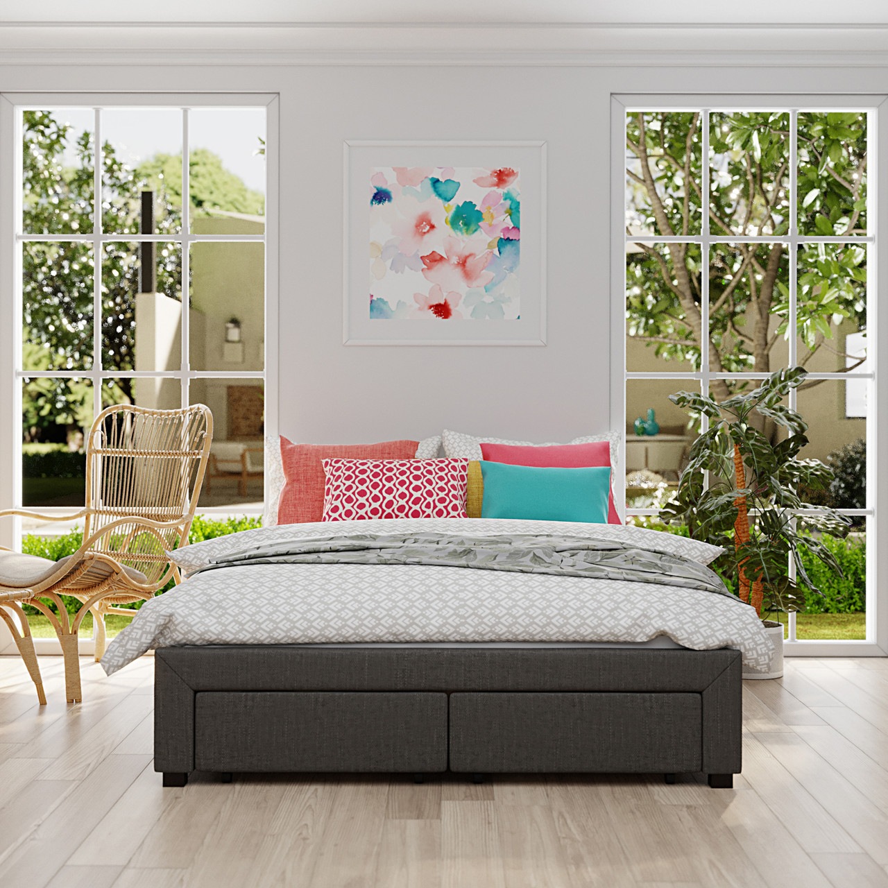 Octavia Fabric Double Bed Frame W Storage Drawers Dark Grey