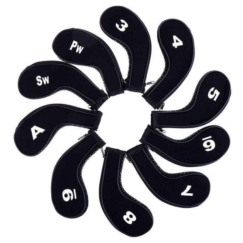 10 x BLACK ZIPPER GOLF IRON COVER HEAD COVERS with NUMBERS ON BOTH
