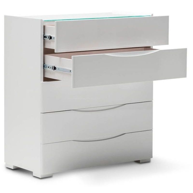 Chest Of 5 Drawers Tallboy W Glass Top In White Buy Tallboys