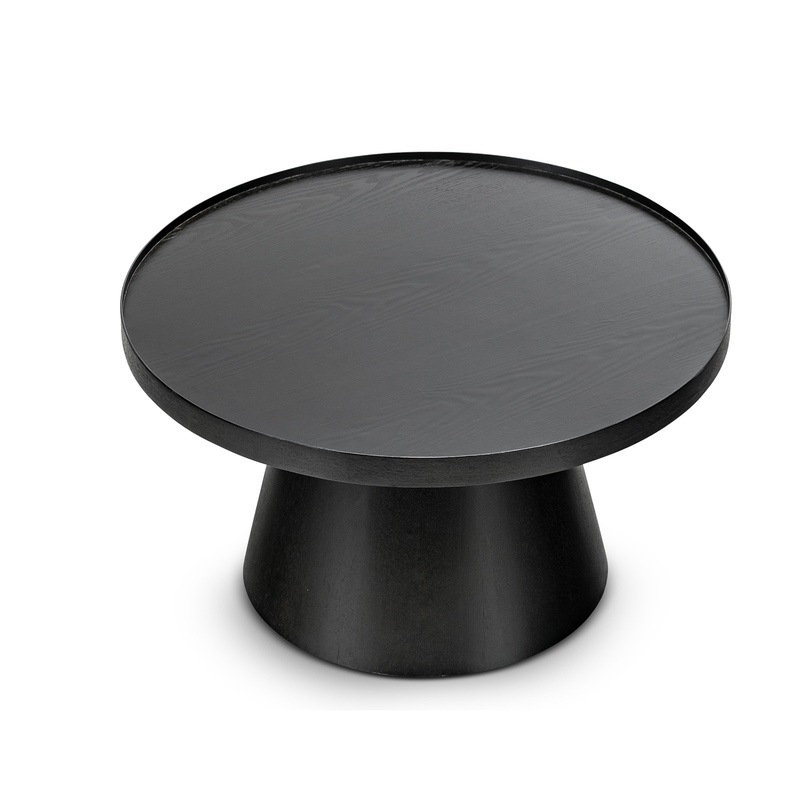 Adan Black Round Tray Coffee Table in Oak Wood Veneer with Pedestal