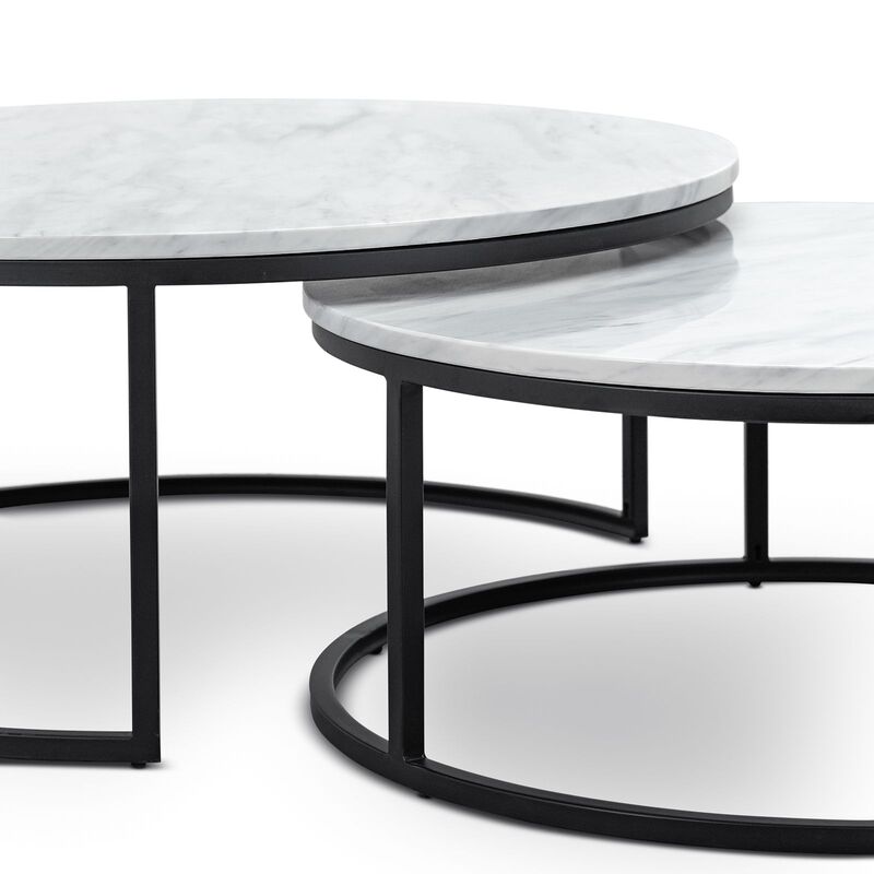 Khloe White Marble Round Nesting Coffee Table Set with Black Frame