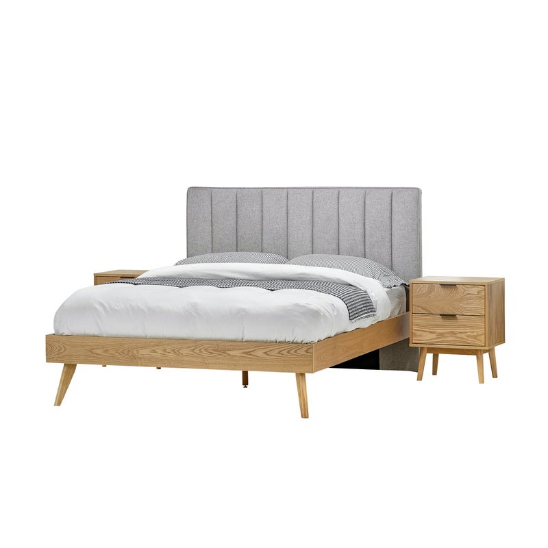 Natural Oak Wood Queen Size Bed Frame with Mid Century ...