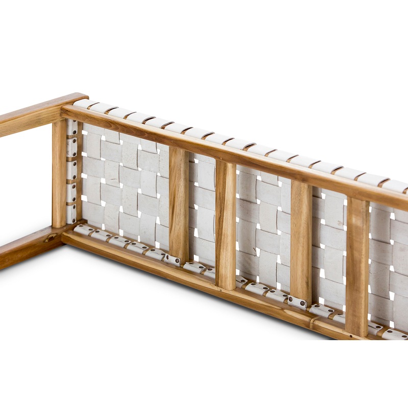 White Woven Leather 150cm Bench Seat with Solid Teak Wood ...