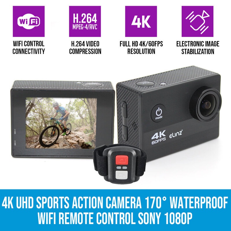 Elinz 4K/60FPS UHD Sports Action Camera 170° Waterproof WiFi Remote