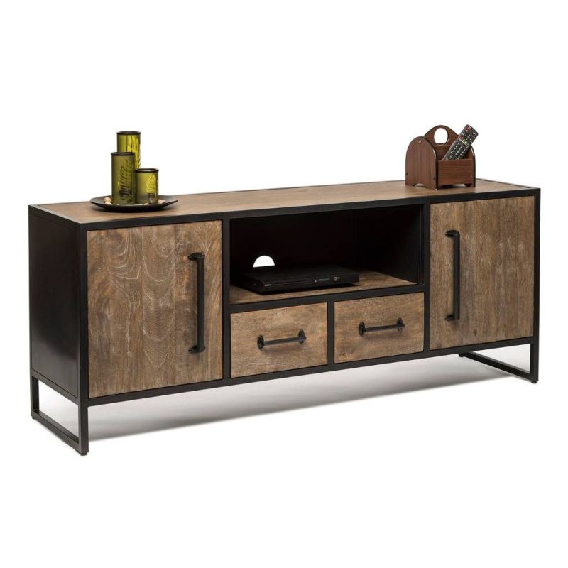 Entertainment Unit Tv Media Stand Cabinet Industrial Storage Wood Iron 1 5m